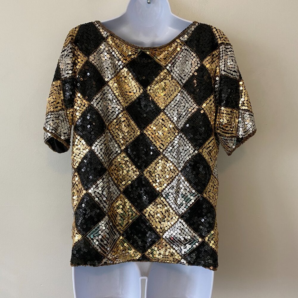 Vintage Scala Diamond Pattern Sequin Short Sleeve… - image 5
